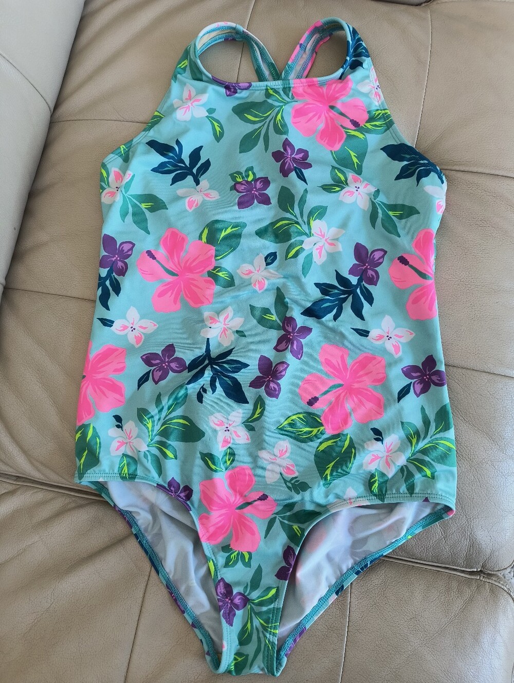 Lands' End Girls' Teal One-Piece Swimsuit with Pink & Purple Floral Print